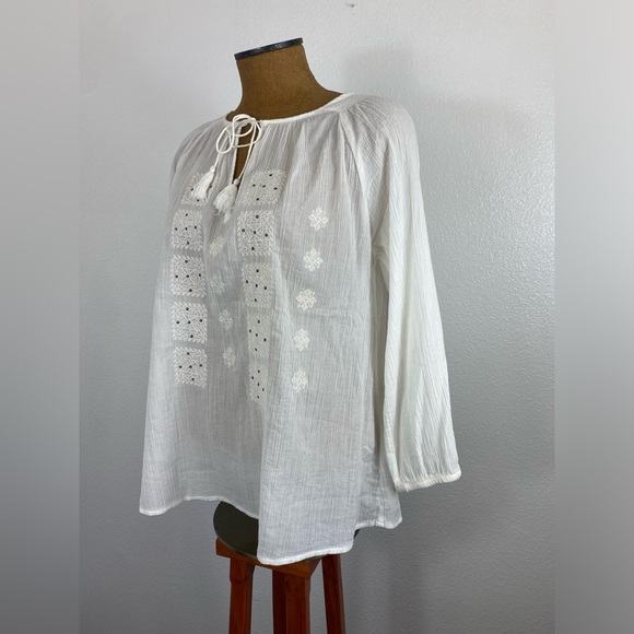 Joie Womens Peasant Blouse White Embroidered Embellished In Sequence M Tie Neck - Picture 7 of 15